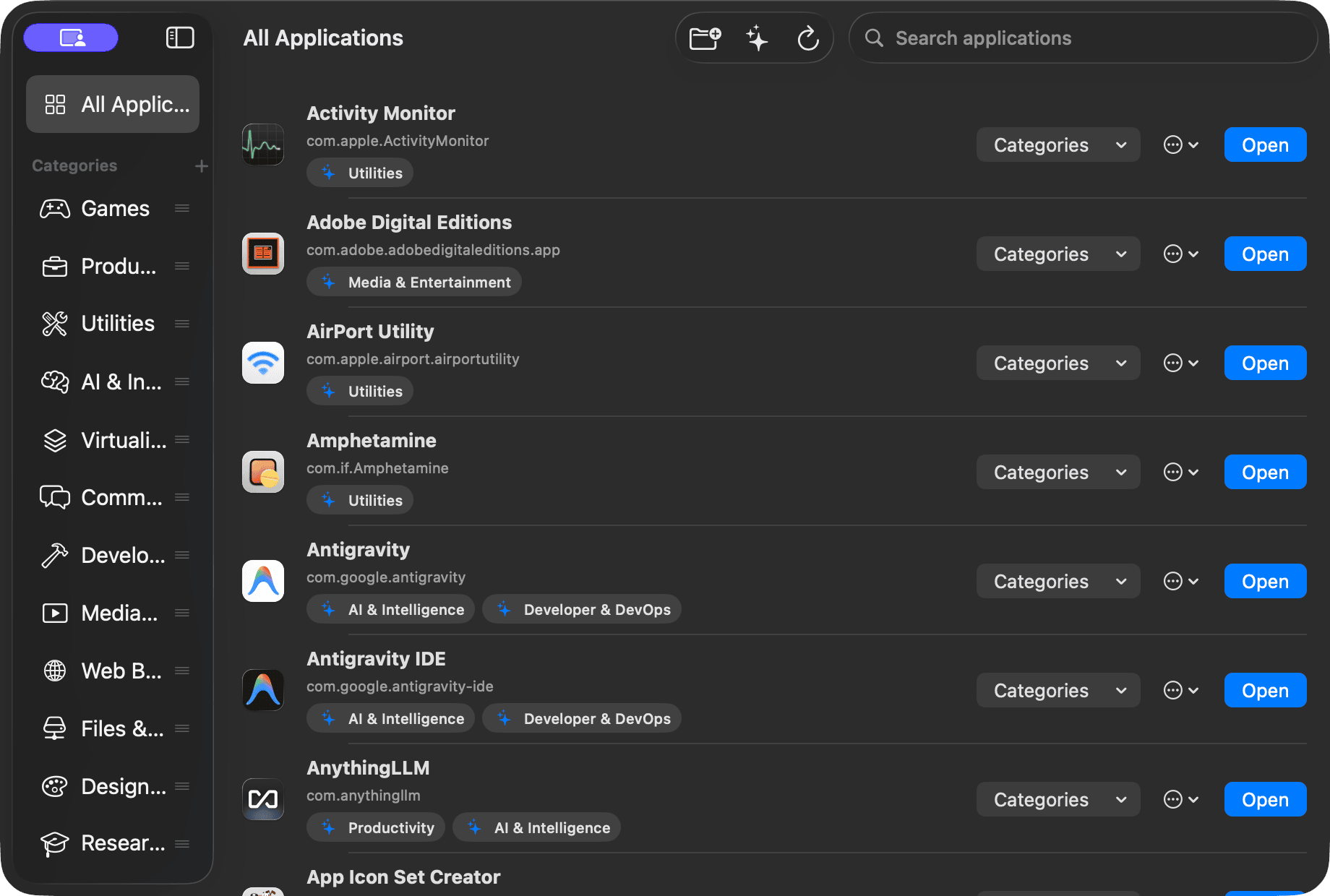 CatApps management window showing installed applications grouped by purpose