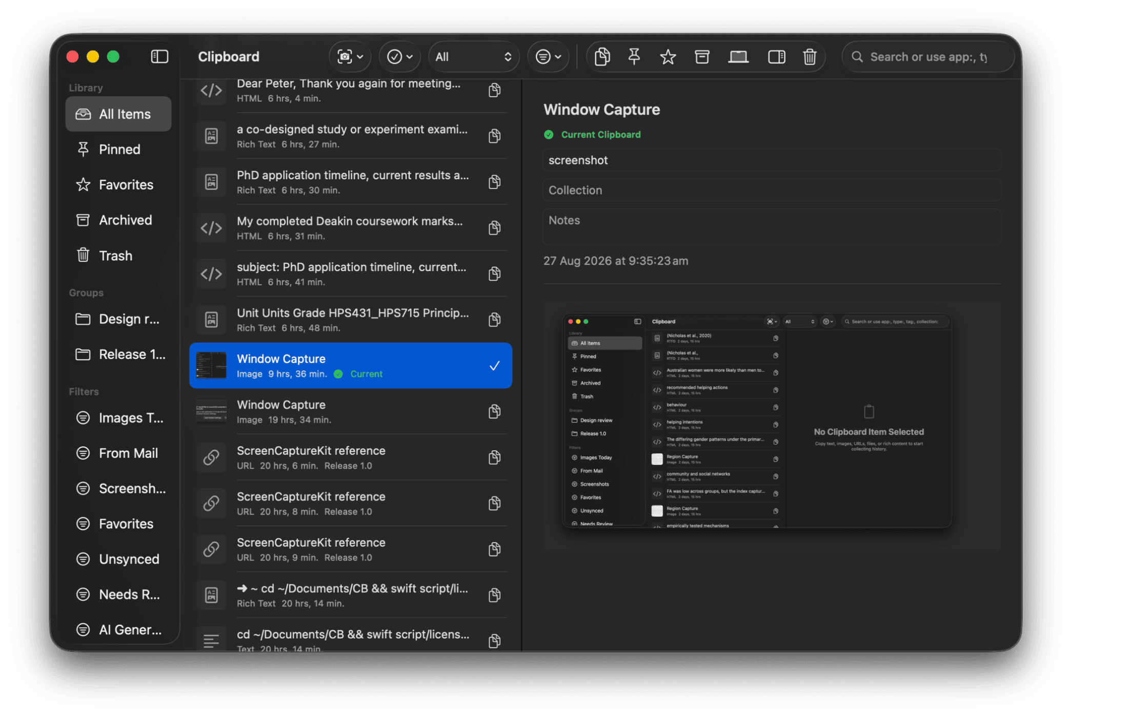 ClipSnap main window showing searchable clipboard and screen capture history